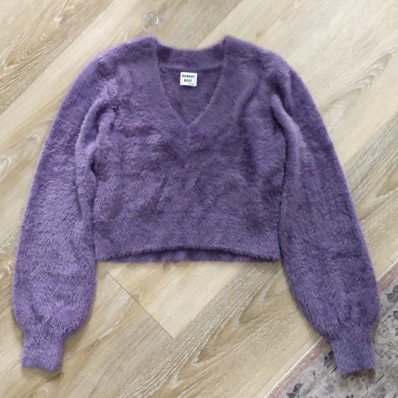 Aritzia Sweaters - ARITZIA Sunday Best Kitten V-Neck Fuzzy Sweater Violet Haze